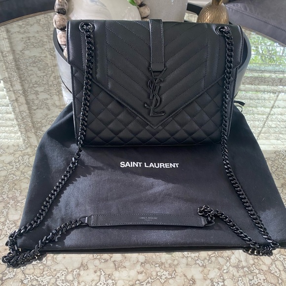 Yves Saint Laurent Handbags - Saint Laurent Medium YSL Envelope Chain Shoulder Bag with Black Hardware.